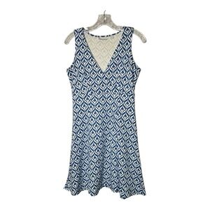 New York Company Blue‎ White Geometric V Neck Sleeveless Fit Flare Dress Size S